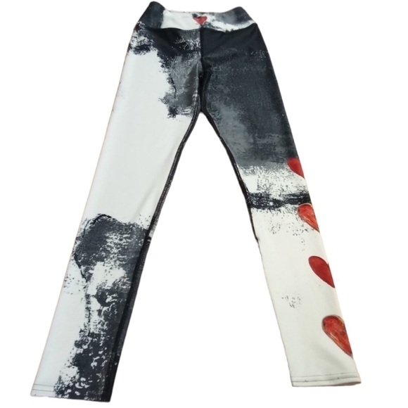 DEBBIE DANNHEISSER Abstract B/W w/ Red Hearts Fine Art High Waist Leggings LARGE - Picture 3 of 7